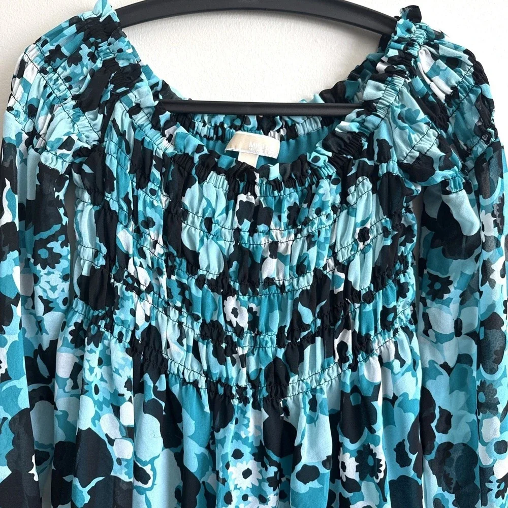 Michael Kors Y2K Blue Ruched Top M Long Sleeve Floral Fairy Boho Festival